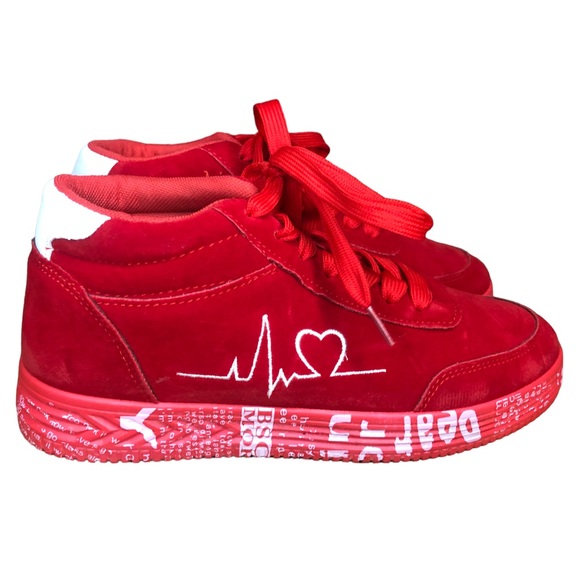 Omega Walk Nursing Love Sports Love Print Red Velour Mid Top Lace Up Shoes - Picture 8 of 8